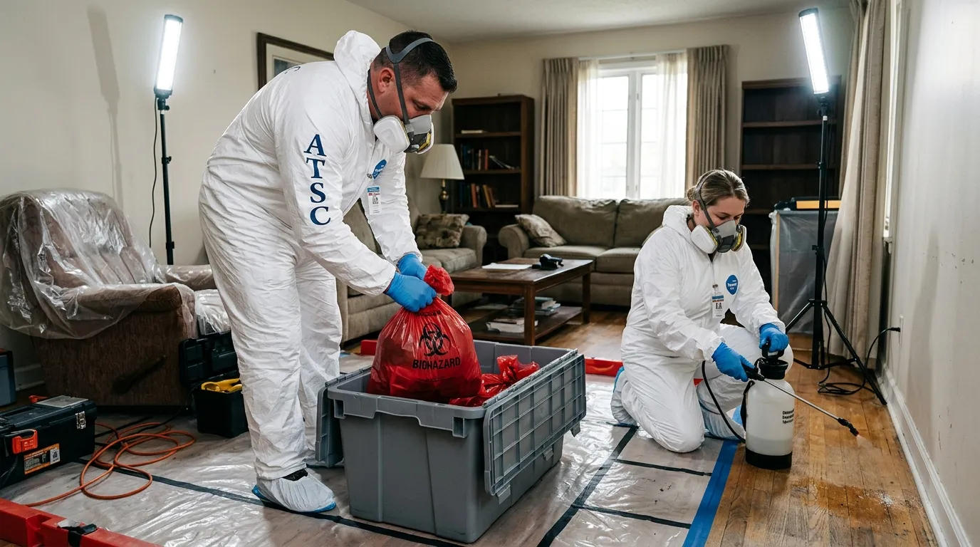 Professional Biohazard Cleanup technician in full PPE working in San Mateo